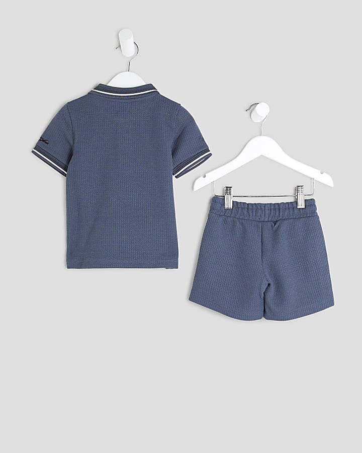 Mini Boys Blue Textured Stripe Polo Shirt Set