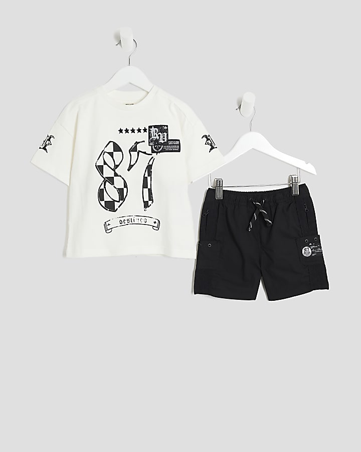 Mini Boys Black Cargo Shorts And T-Shirt Set