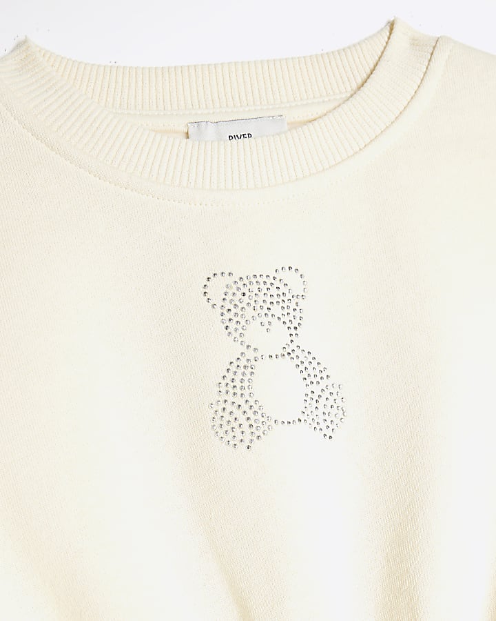 Girls Cream Cinched Crop Bear Sweatshirt