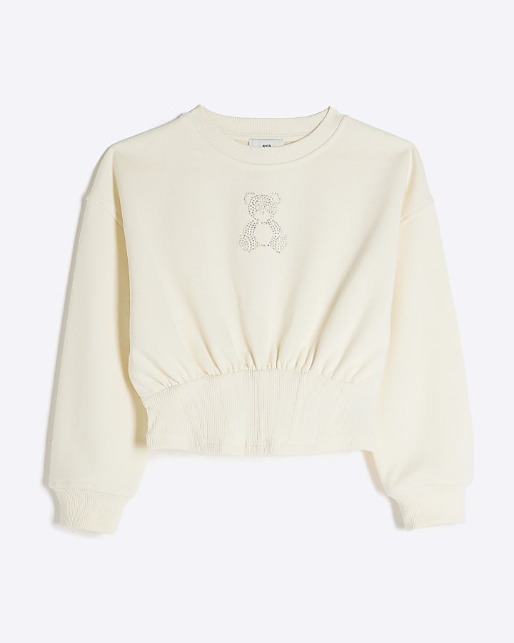 Girls Cream Cinched Crop Bear Sweatshirt