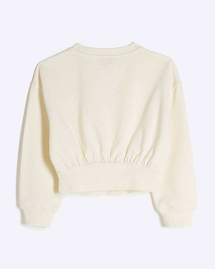 Girls Cream Cinched Crop Bear Sweatshirt