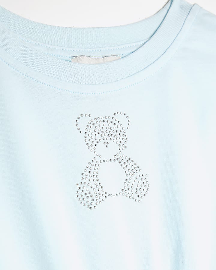 Girls Blue Cinched Bear Crop Top