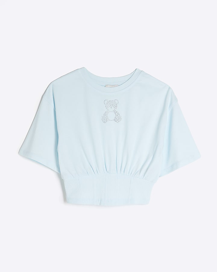 Girls Blue Cinched Bear Crop Top