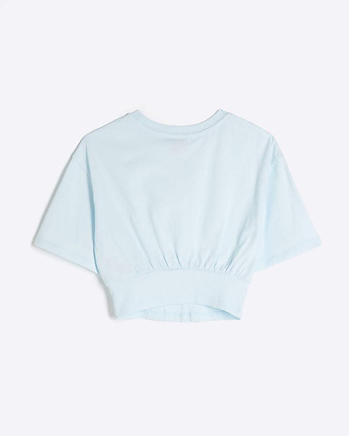 Girls Blue Cinched Bear Crop Top