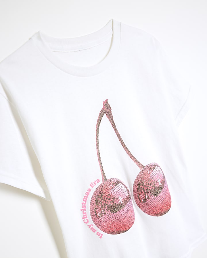 Girls White Christmas Disco Cherry T-Shirt