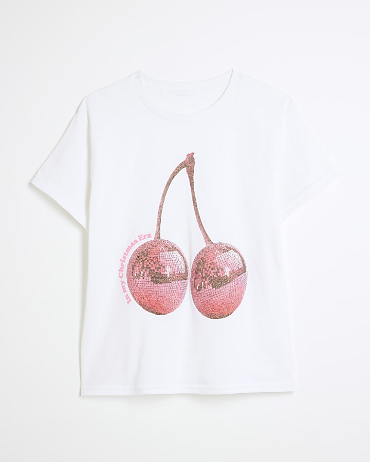 Girls White Christmas Disco Cherry T-Shirt