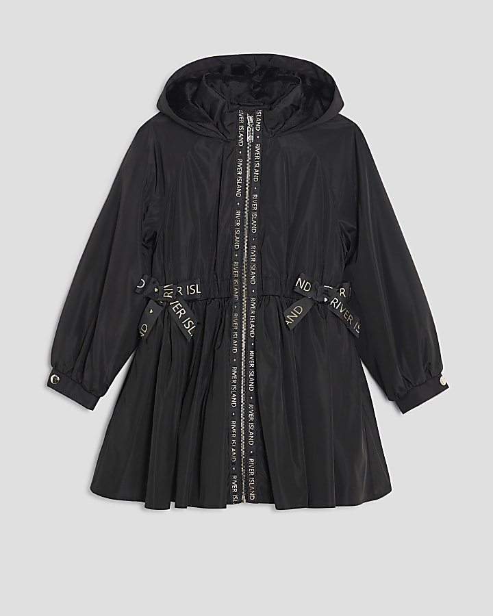 Girls Black Peplum Hooded Raincoat