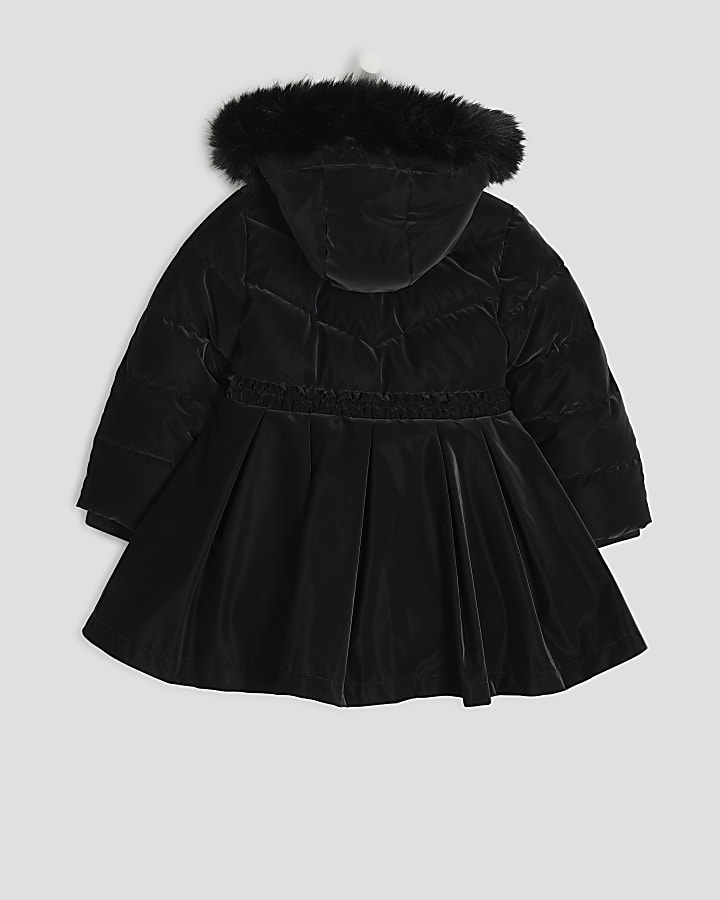 Mini Girls Black Hooded Peplum Padded Coat