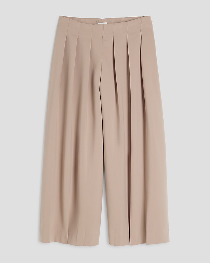 Girls Brown Pleated High Waisted Trousers