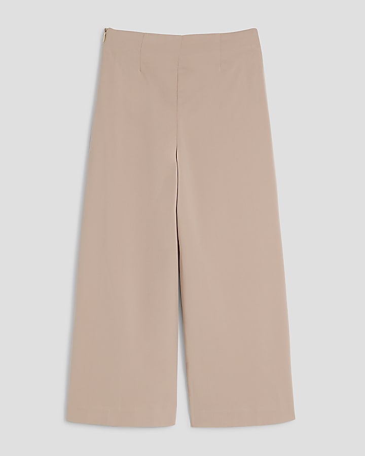 Girls Brown Pleated High Waisted Trousers