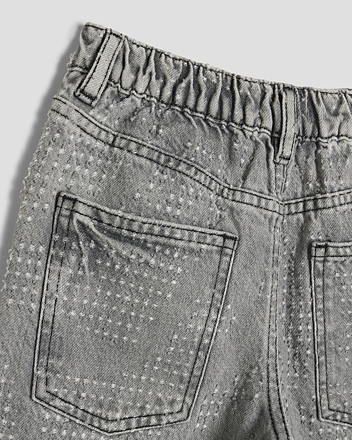 Boys Grey Textured Denim Washed Shorts