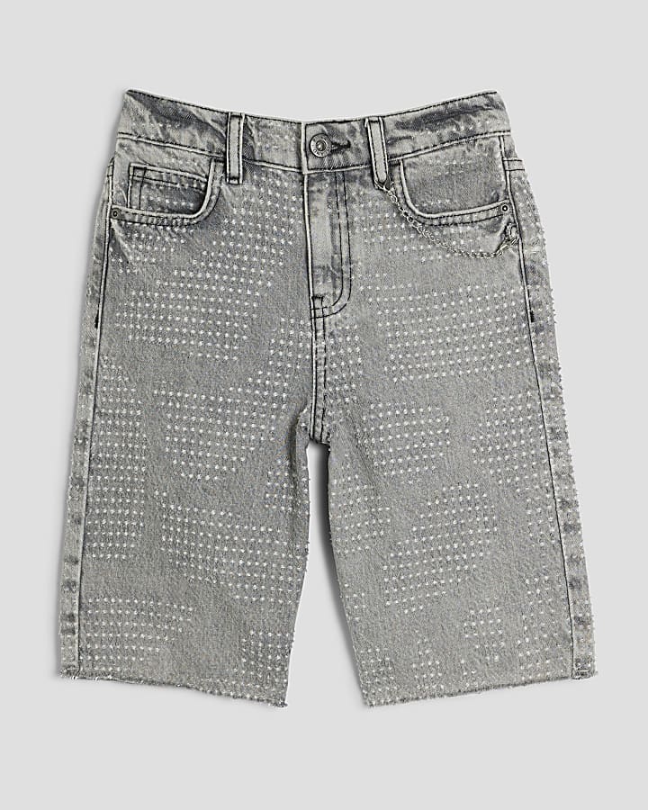 Boys Grey Textured Denim Washed Shorts