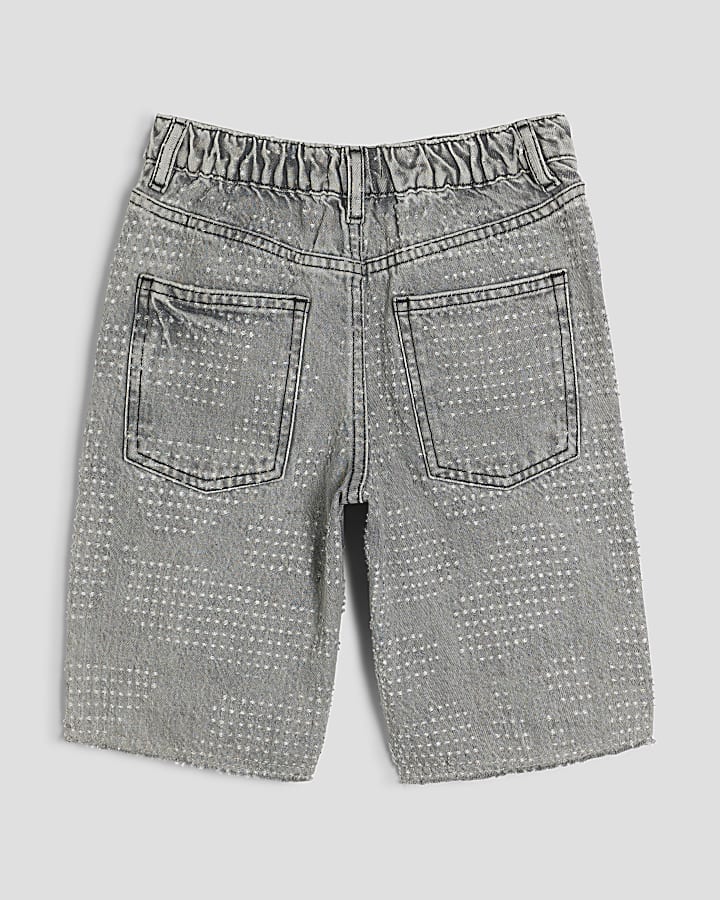 Boys Grey Textured Denim Washed Shorts