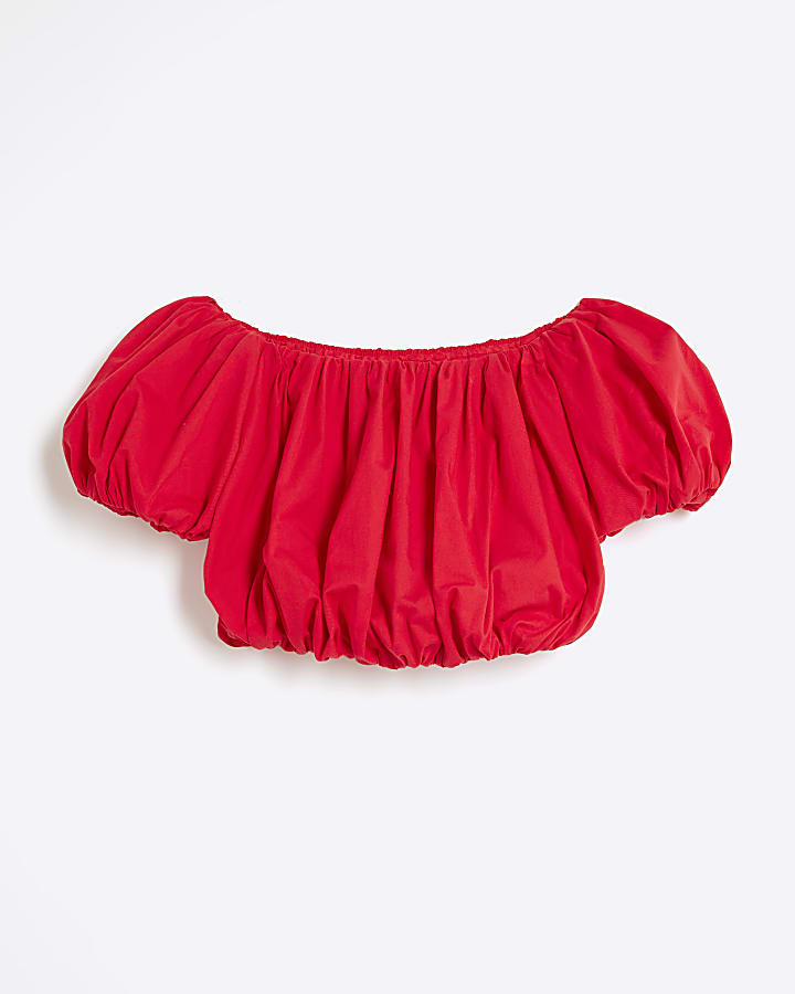 Girls Red Bardot Bubble Hem Top