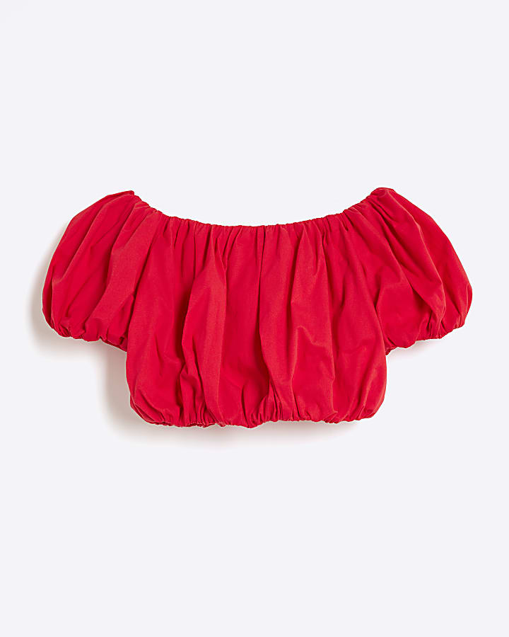 Girls Red Bardot Bubble Hem Top