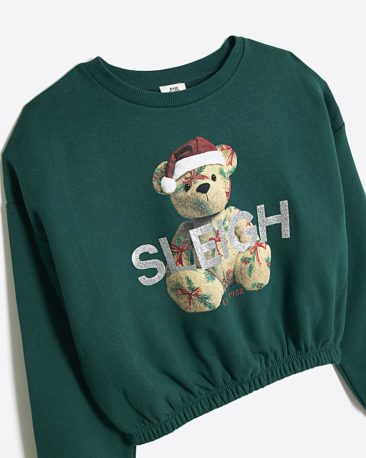 Girls Green Christmas Sleigh Bear Sweatshirt