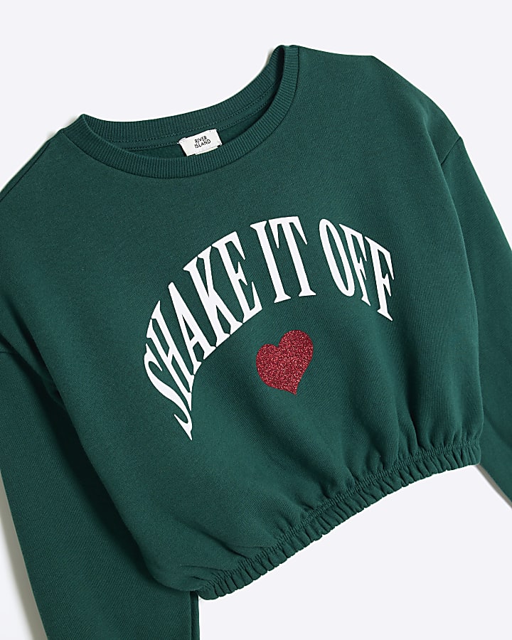 Girls Green Red Glitter Heart Slogan Sweater