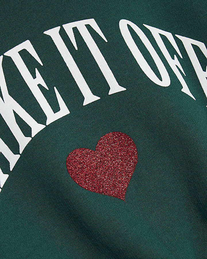 Girls Green Red Glitter Heart Slogan Sweater