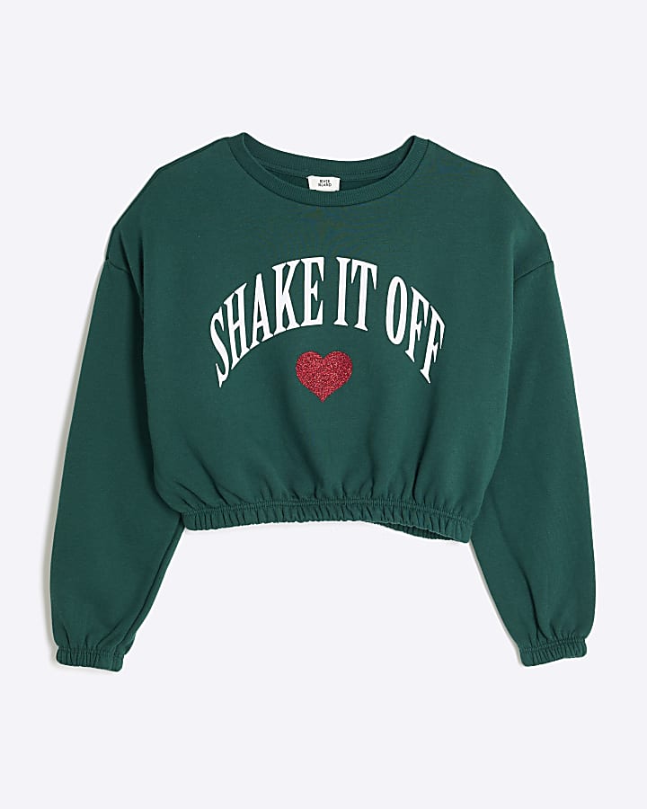 Girls Green Red Glitter Heart Slogan Sweater