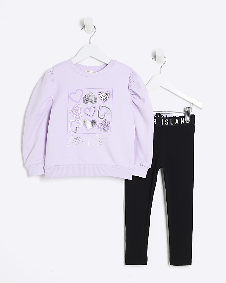 Mini Girls Purple Heart Box Sweatshirt Set