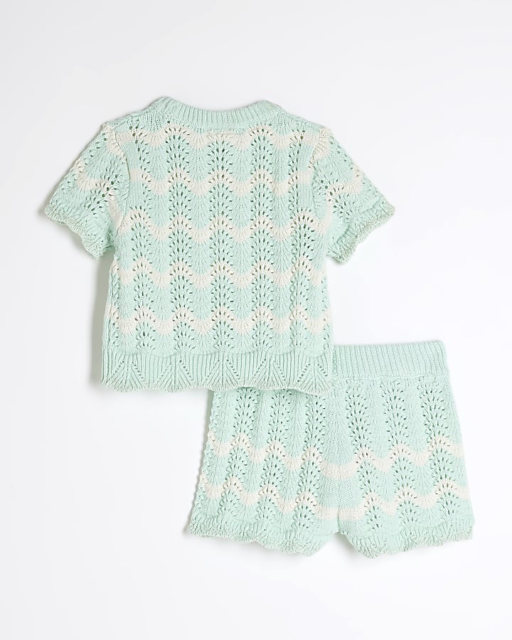 Baby Girls Green Striped Crochet Shorts Set