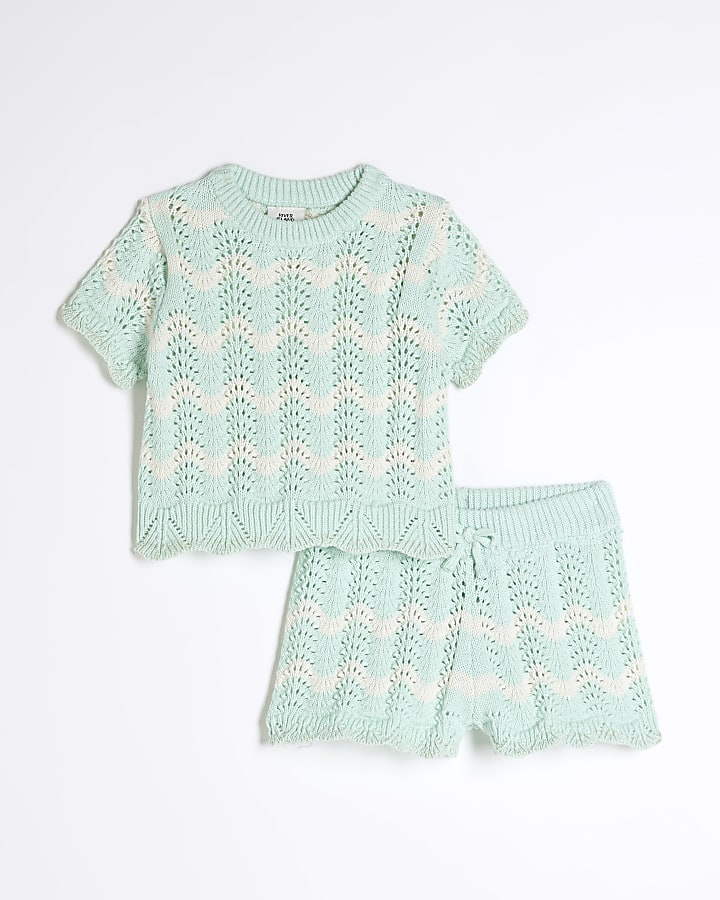 Baby Girls Green Striped Crochet Shorts Set