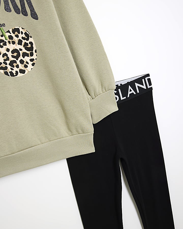 Girls Green Leopard Hoodie & Leggings Set