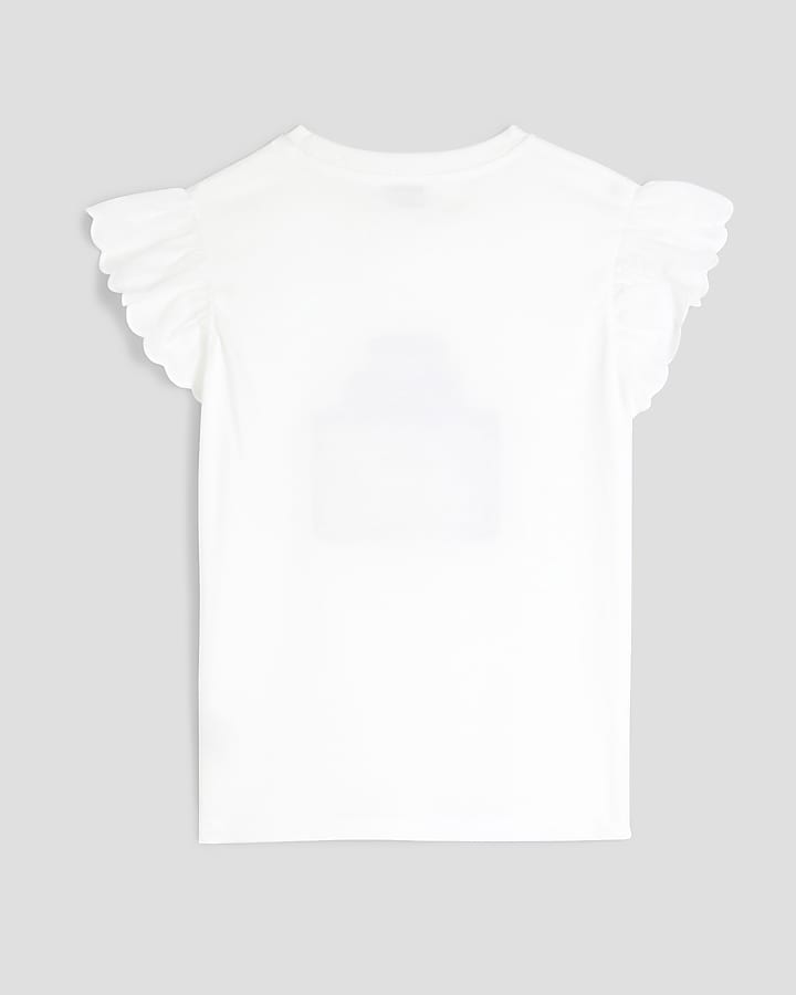 Girls White Perfume Frill Sleeve T-Shirt