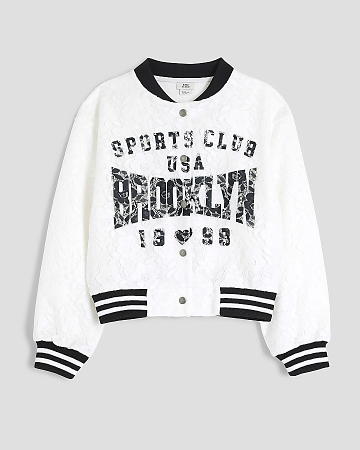 Girls White Lace Graphic Bomber Jacket