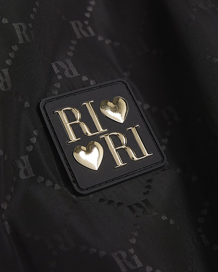 Girls Black Monogram Bubble Hem Hooded Coat