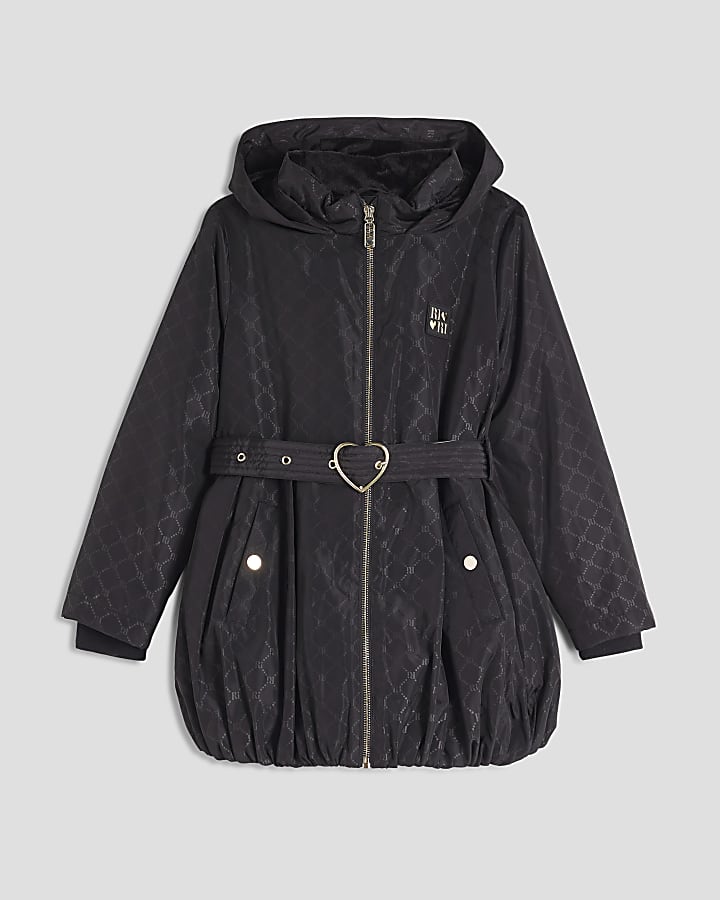 Girls Black Monogram Bubble Hem Hooded Coat
