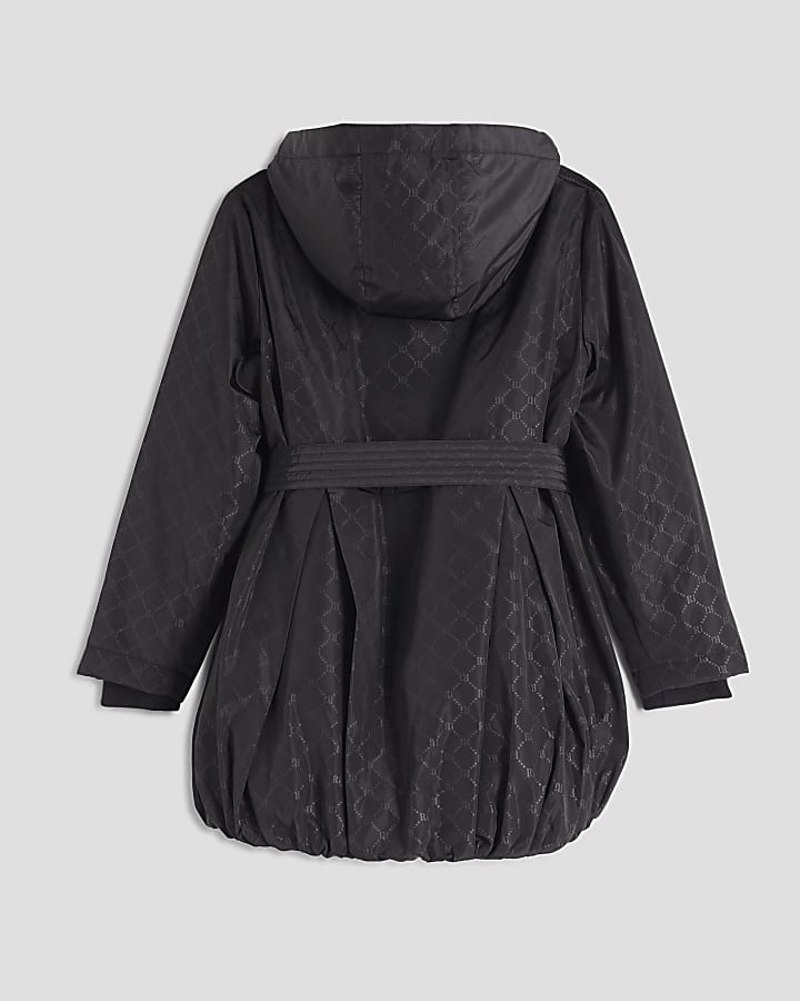 Girls Black Monogram Bubble Hem Hooded Coat