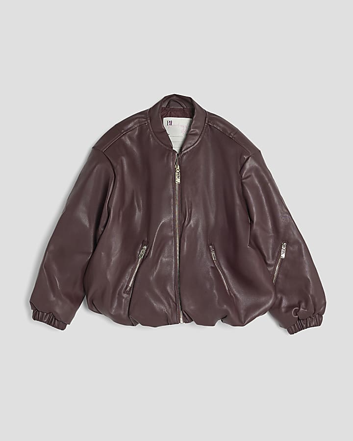 Girls Red Bubble Faux Leather Bomber Jacket