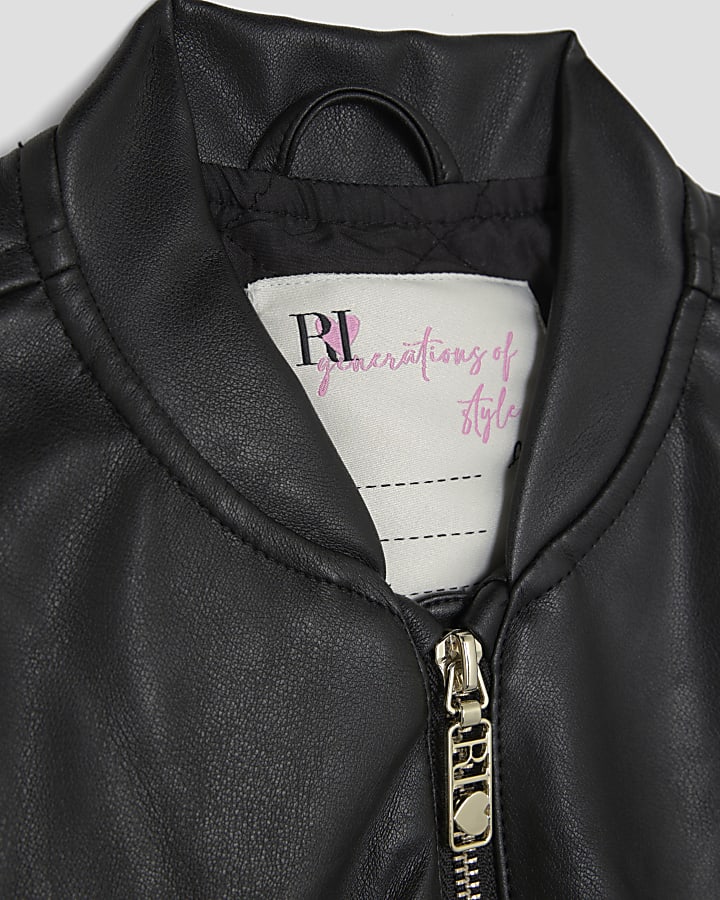 Girls Black Bubble Faux Leather Bomber Jacket