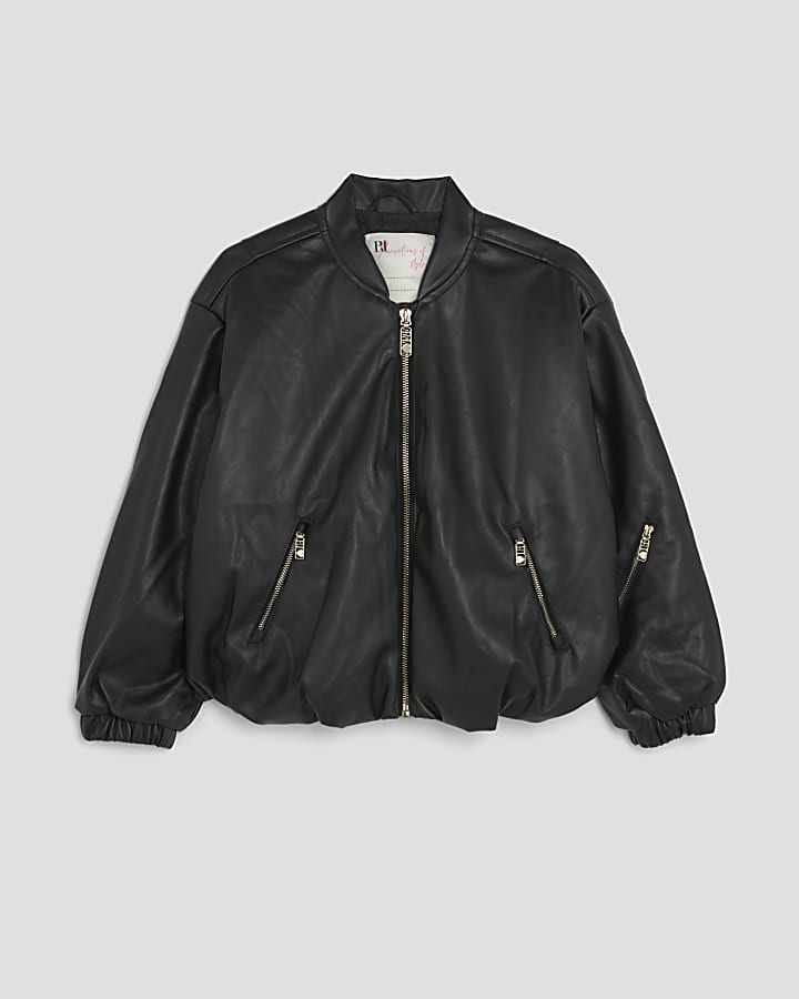 Girls Black Bubble Faux Leather Bomber Jacket