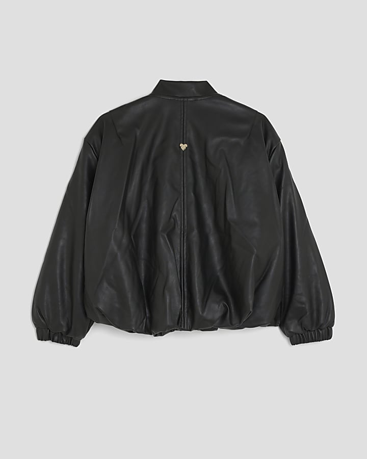 Girls Black Bubble Faux Leather Bomber Jacket