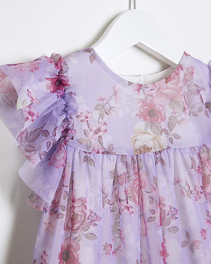 Mini Girls Purple Mesh Floral Printed Dress