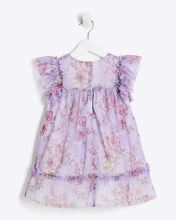 Mini Girls Purple Mesh Floral Printed Dress