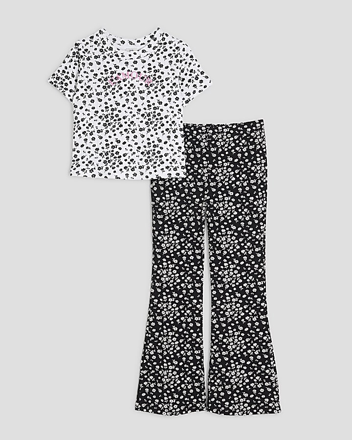 Girls Black Floral Flared Trousers Set