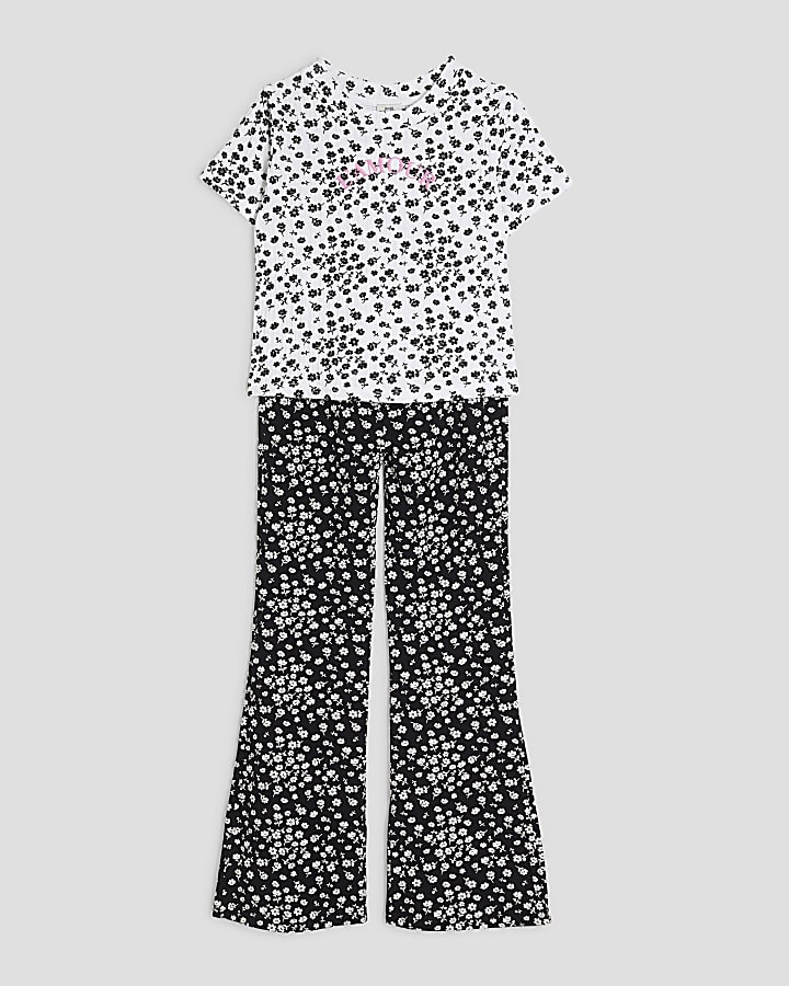 Girls Black Floral Flared Trousers Set