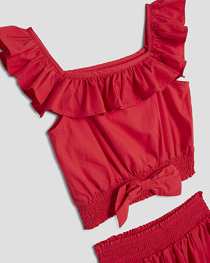 Girls Red Frill Waisted Top And Skirt Set