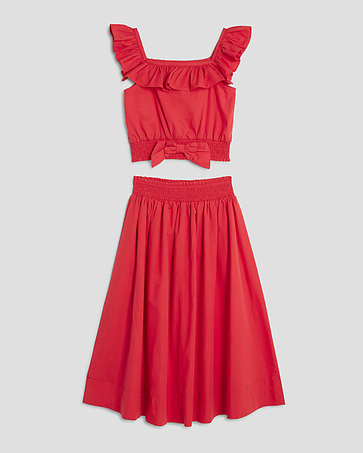 Girls Red Frill Waisted Top And Skirt Set