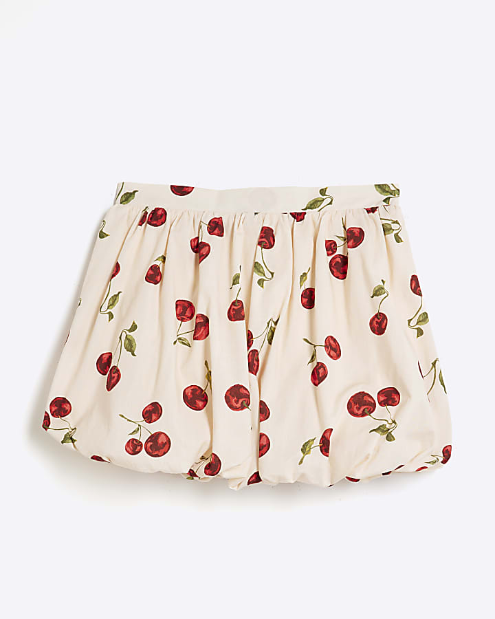 Girls Cream Cherry Bubble Hem Skirt