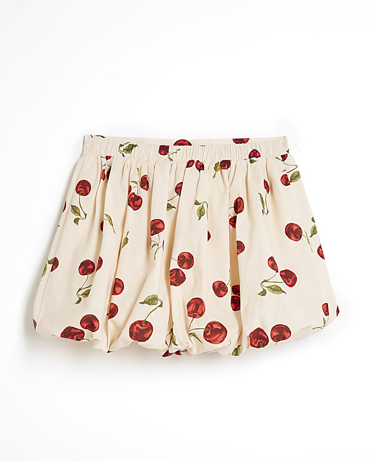 Girls Cream Cherry Bubble Hem Skirt