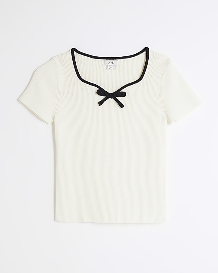 Girls Cream Sweetheart Bow Top