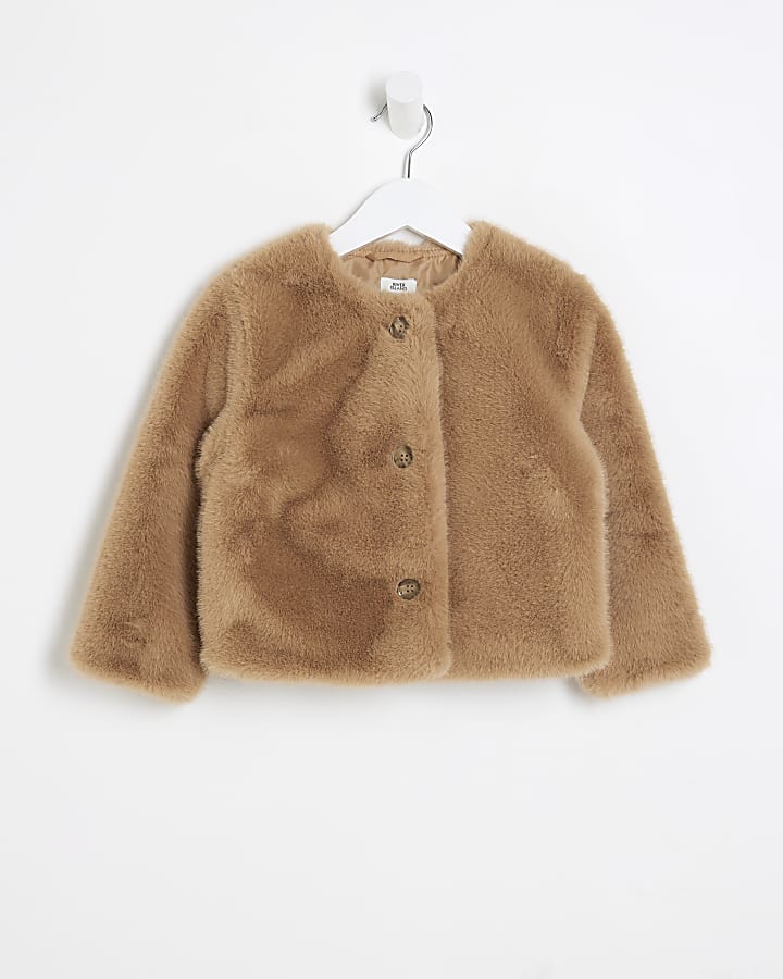 Mini Girls Brown Faux Fur Cropped Jacket