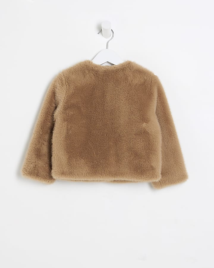 Mini Girls Brown Faux Fur Cropped Jacket