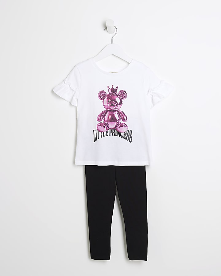 Mini Girls White Bear T-Shirt And Legging Set