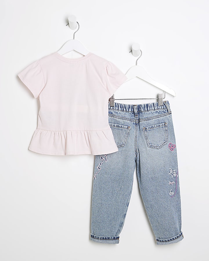 Mini Girls Pink Bow T-Shirt And Jeans Set