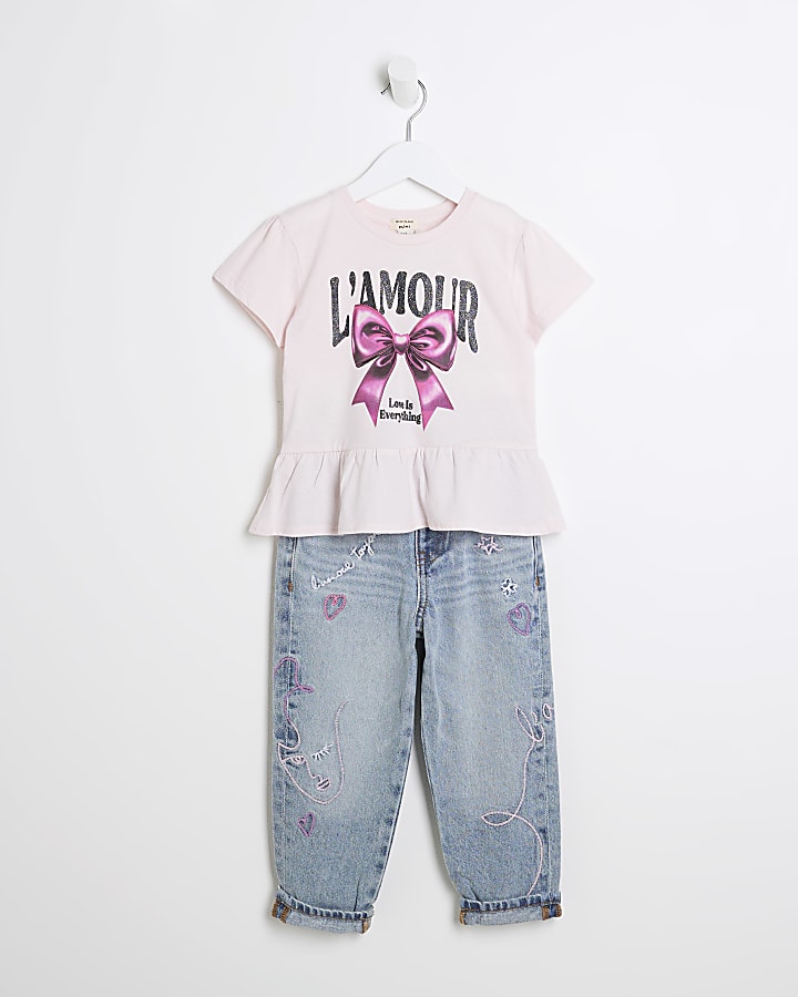 Mini Girls Pink Bow T-Shirt And Jeans Set